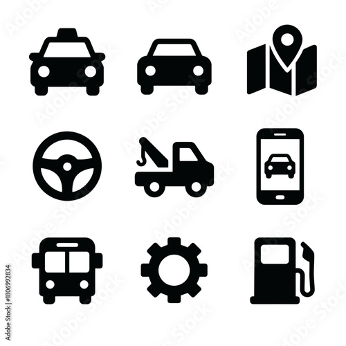 Transportation icons: car, map, steering wheel, tow truck, mobile, bus, gear, fuel