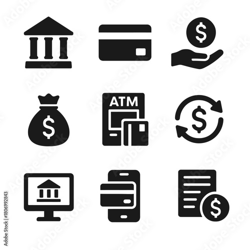 Banking and finance icons set: payment, atm, currency exchange, savings, money management