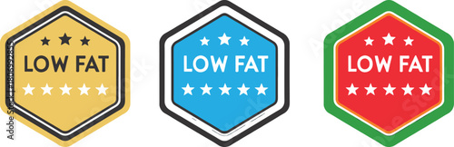 Low fat label set colorful hexagon badge with stars vector illustration for healthy food products and dietary information