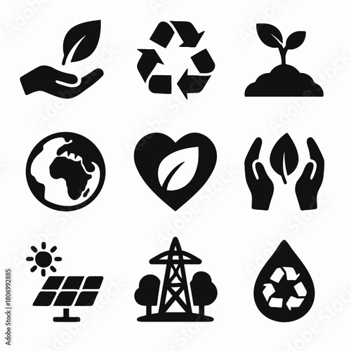 Eco-friendly icons: sustainability, recycling, solar energy, and environmental conservation symbols
