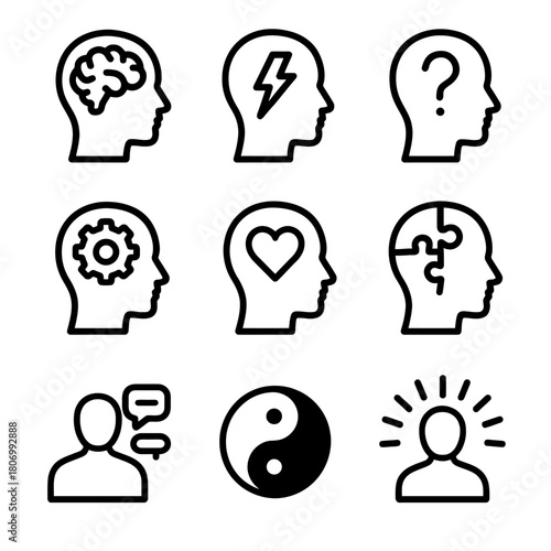 Minimalist icons of human heads with symbols in line art style