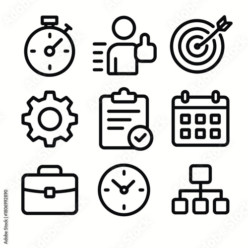 Business and productivity icons featuring targets, checklists, and time management elements