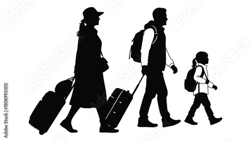 Family traveling silhouette with luggage isolated on white background, Vector