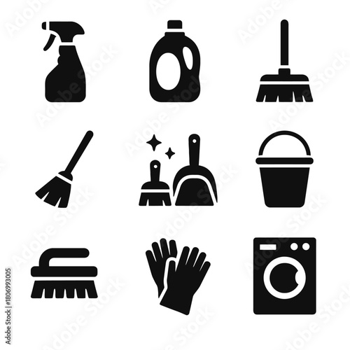Cleaning tools icons: spray bottle, detergent, mop, broom, dustpan, bucket, scrub brush, gloves, washing machine