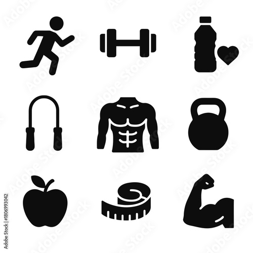 Fitness and health icons: run, weight, hydration, jump rope, nutrition, strength, flexibility