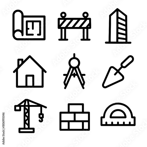 Construction icons set: blueprint, barrier, building, house, compass, trowel, crane, bricks, protractor