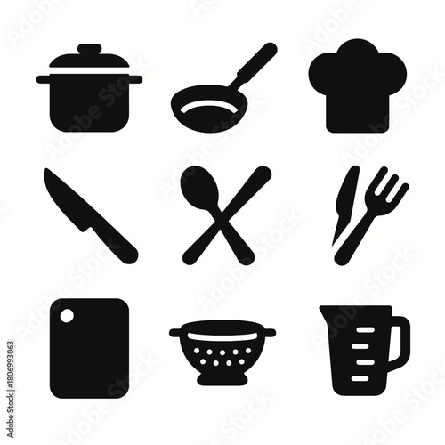 Set of nine kitchen utensil icons: pot, pan, chef hat, knife, spoon, fork, cutting board, colander, measuring cup