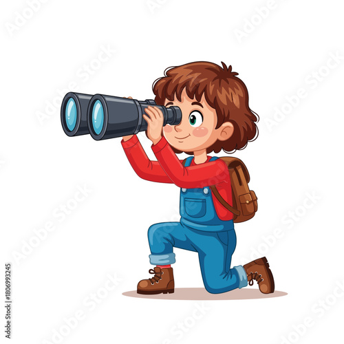 A-young-boy--kneeling-down-while-looking-through-a-pair-of-large-black-binoculars