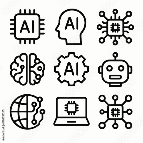 Ai and technology icon set featuring robots, chips, and networks
