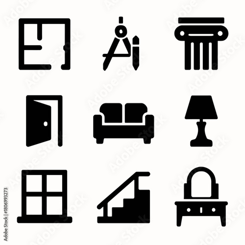 Home design icons: furniture, tools, and interior elements in black