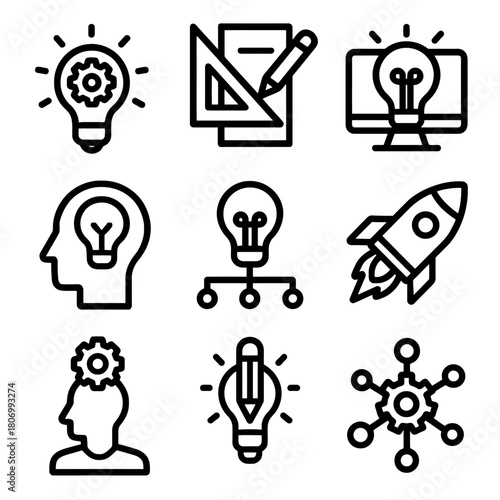 Innovative icons: light bulb, creativity, technology, rocket, ideas