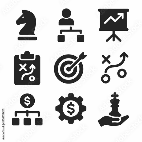 Strategy and planning icons: chess, diagrams, target, financial goals