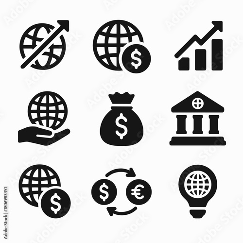 Global finance icons: growth, exchange, currency, and banking symbols
