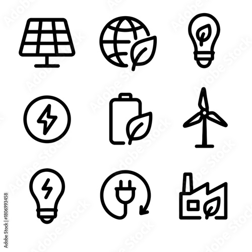 Eco-friendly energy icons set with solar panels, wind turbine, and energy efficiency symbols