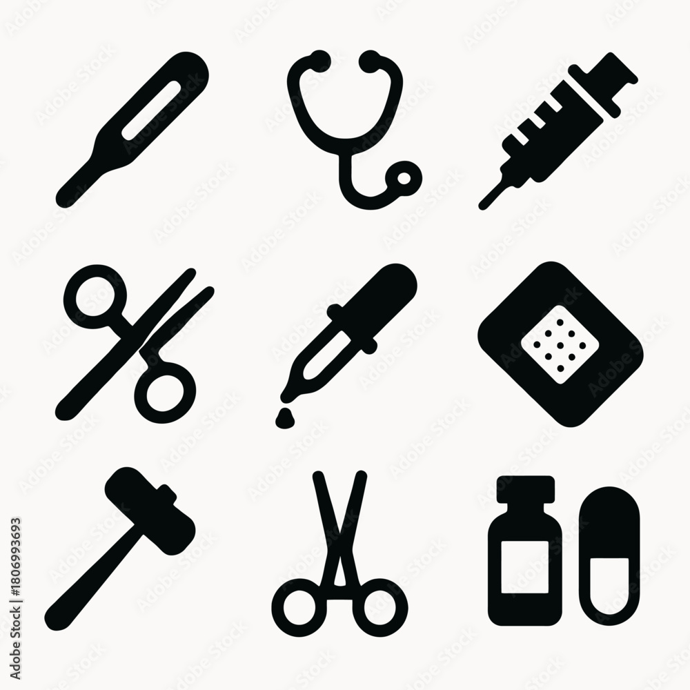 Fototapeta premium Medical icons set: thermometer, stethoscope, syringe, scissors, pipette, bandage, mallet, vial, capsule
