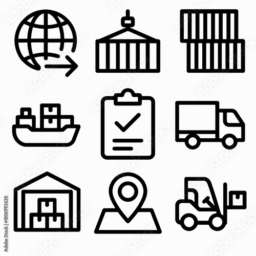 Logistics and shipping icons: global transport, containers, and delivery