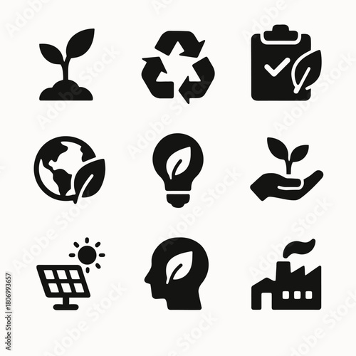 Eco-friendly icons: sustainability, recycling, renewable energy, conservation
