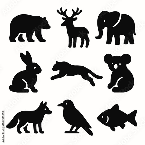 Silhouette illustrations of various animals including bear, deer, elephant, rabbit, panther, koala, fox, bird, and fish