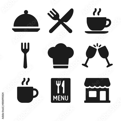 Set of nine black restaurant icons including utensils, chef hat, and coffee cup