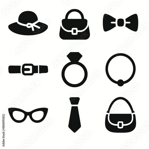 Fashion accessories: hat, handbags, bowtie, belt, ring, necklace, glasses, tie icons