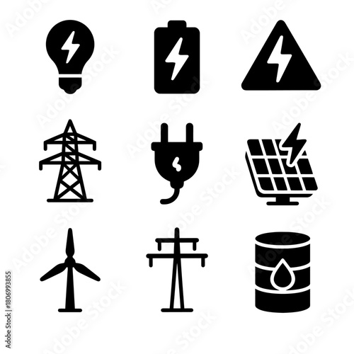Energy symbols: light bulb, battery, warning, power line, plug, solar panel, wind turbine, oil barrel