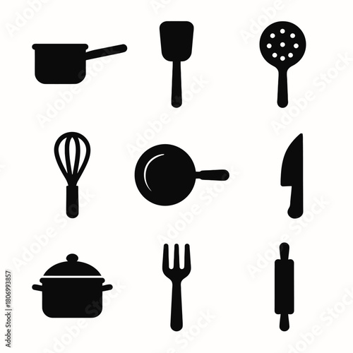 Black kitchen utensils icons: pan, pot, whisk, knife, spatula, fork, rolling pin set