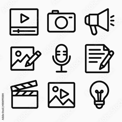 Collection of outline icons representing media and content creation tools