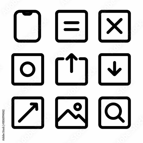 Minimalist icon set with various functional symbols