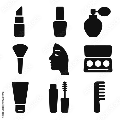 Silhouette icons of makeup and beauty products: lipstick, nail polish, perfume, brush, palette