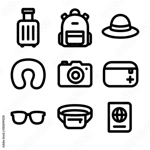 Travel essentials: luggage, backpack, hat, neck pillow, camera, pouch, sunglasses, waist bag, passport