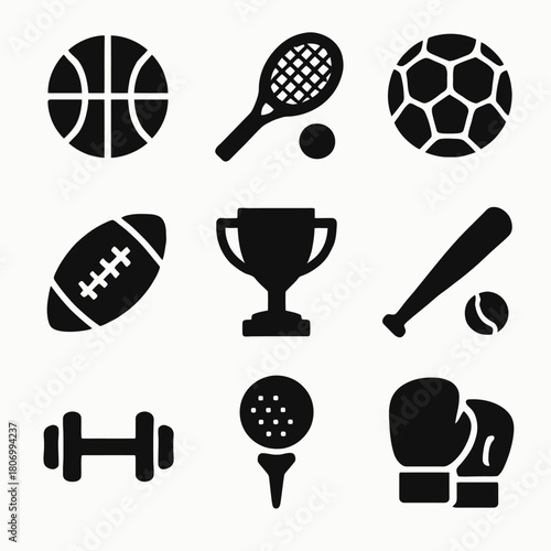 Set of iconic sports equipment including balls, trophy, and gear
