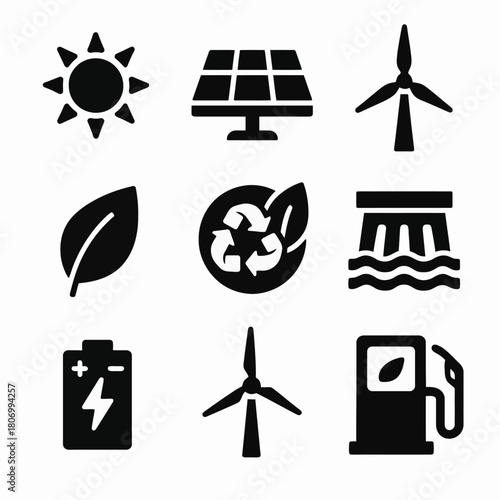 Sustainable energy icons: solar, wind, recycling, hydroelectric, and biofuel symbols
