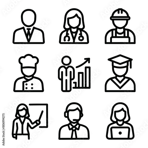 Set of outline icons representing diverse professions