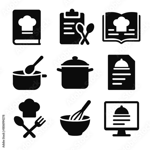 Culinary icons: cookbook, recipe, cooking utensils, pot, and chef hat
