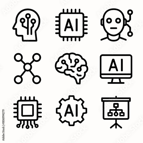 Collection of ai interface icons featuring brain and circuit designs