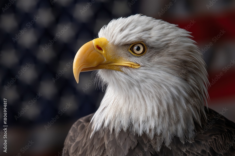 Fototapeta premium the bald eagle and the blurred american flag on background
