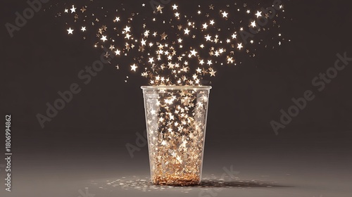 Fototapeta Naklejka Na Ścianę i Meble -  Glowing golden stars rising from transparent cup symbolizing imagination magic inspiration and creative dreams