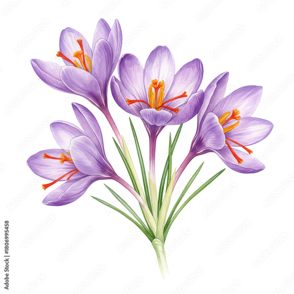Naklejka premium Watercolor saffron crocus flowers with orange stamens and green leaves isolated on white background
