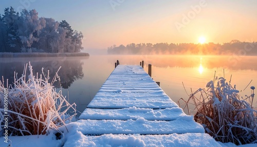 Winter sunrise over a snow-covered pier and a tranquil lake with frosty surroundings