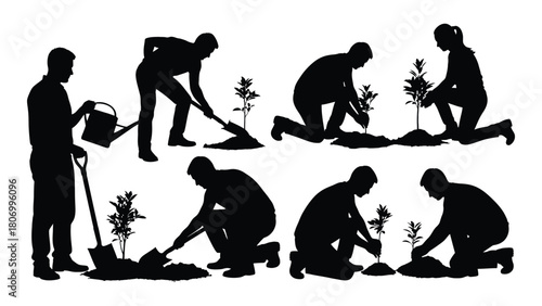 Tree planting silhouettes isolated on white background, Vector