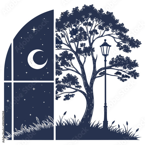 Silhouette of a Tree and Lamp Post Through a Window at Night moon