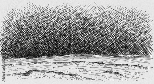 Pen and ink drawing of a landscape with a field and a sky filled with cross hatching lines