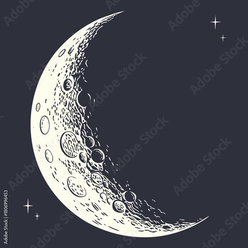 Detailed Crescent Moon with Craters Against Dark Sky night space