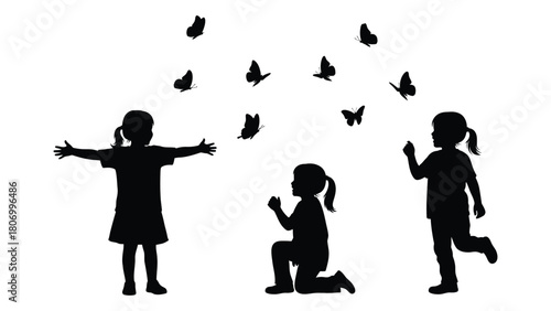 Children and butterflies silhouettes isolated on white background, Vector