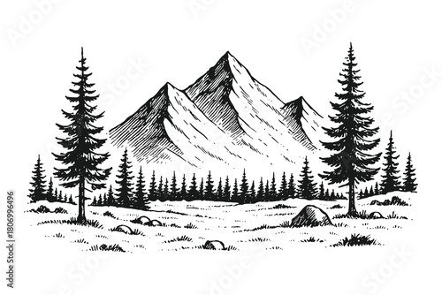 Detailed hand-drawn monochrome vector landscape of mountains, pine trees, and hills, perfect for outdoor adventure branding, nature tourism, and vintage forest illustration.