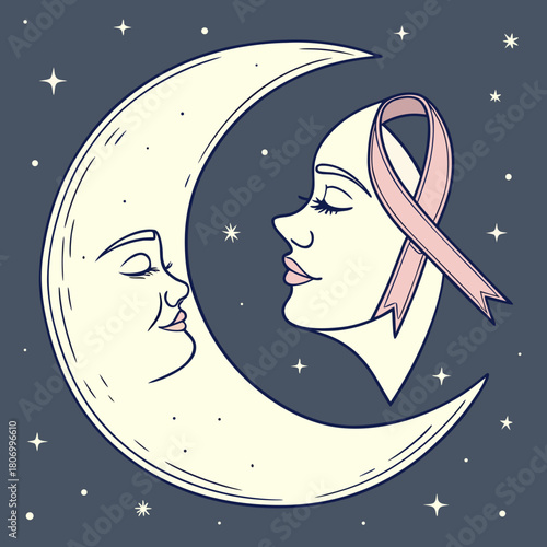 Crescent Moon Face and Woman's Profile with Pink Ribbon vector illustration