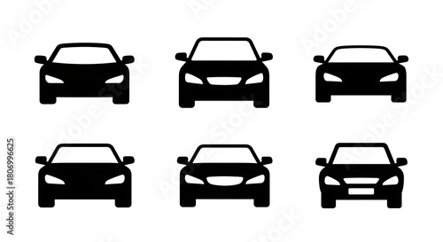 Collection of six black car silhouettes viewed from the front isolated on white background