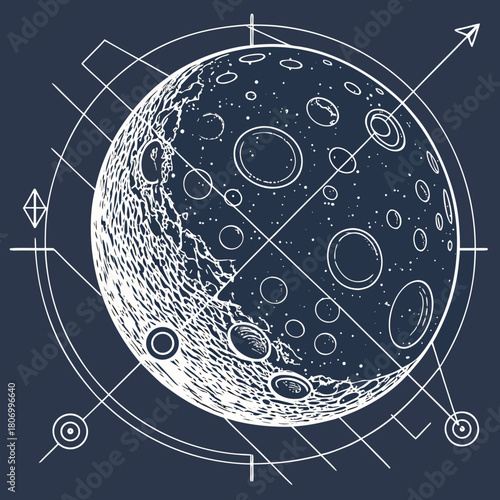 Geometric Moon Illustration with Celestial Grid science astronomy