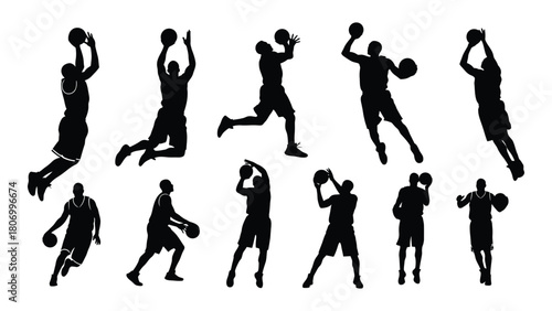 Basketball player silhouettes collection isolated on white background, Vector