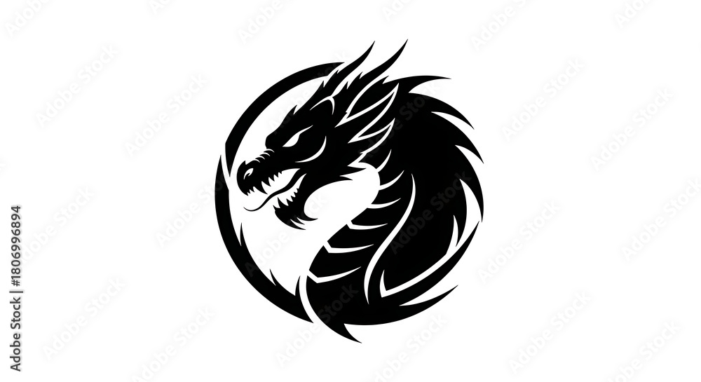 Naklejka premium Stylized black dragon head silhouette with sharp details isolated on white background